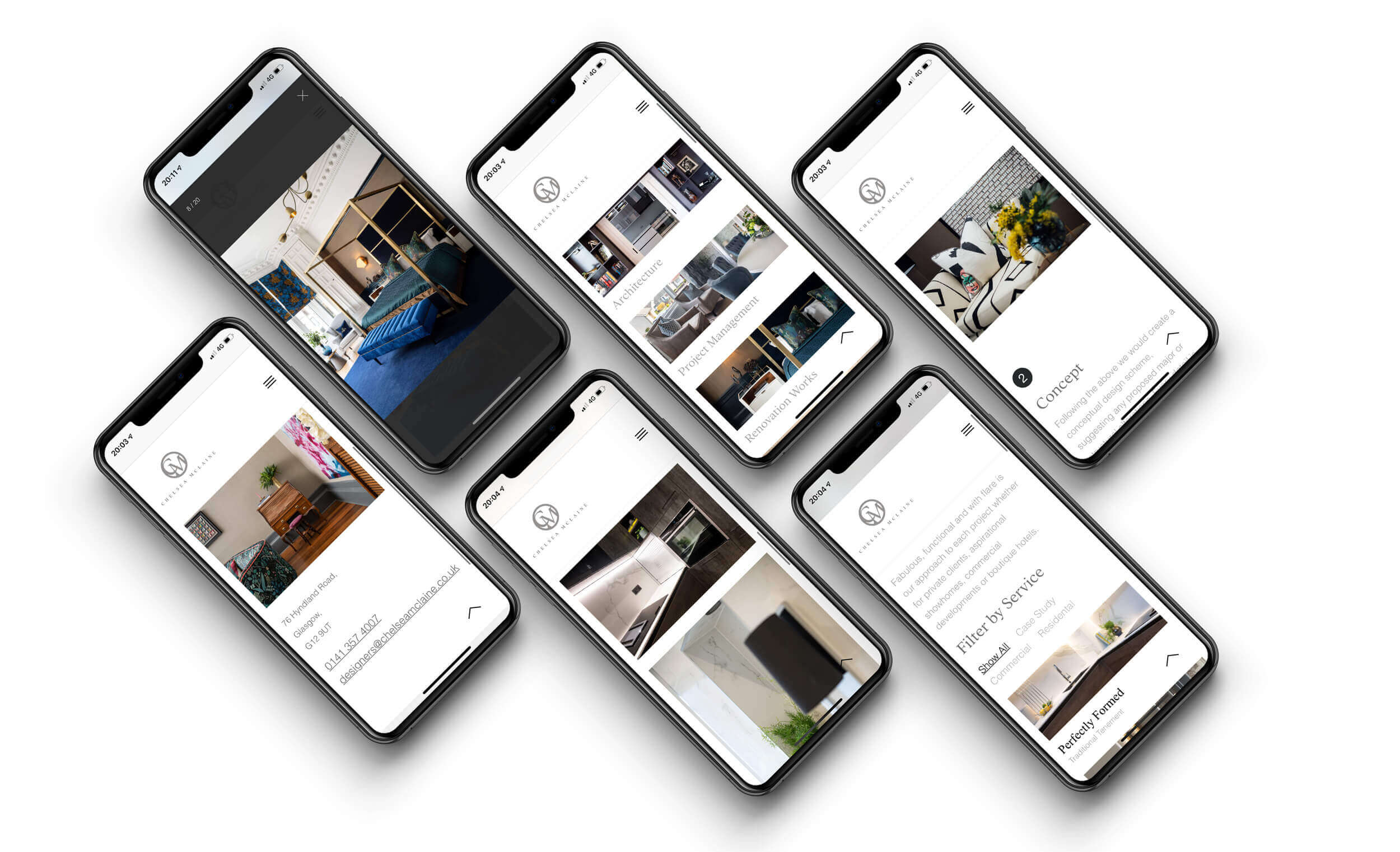 Mobile mockups of various pages on Chelsea Mclaine
