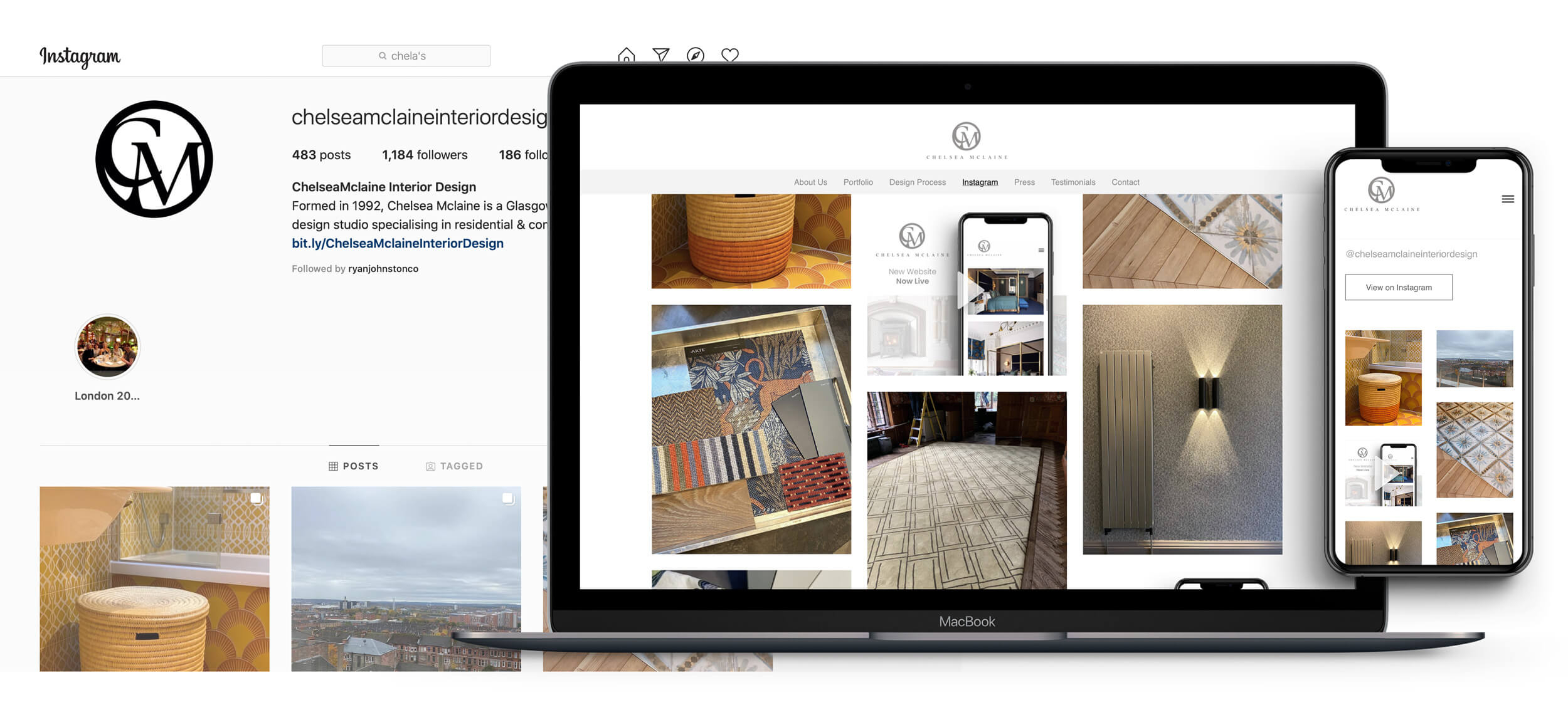 Desktop device mockup of the Chelsea Mclaine instagram page