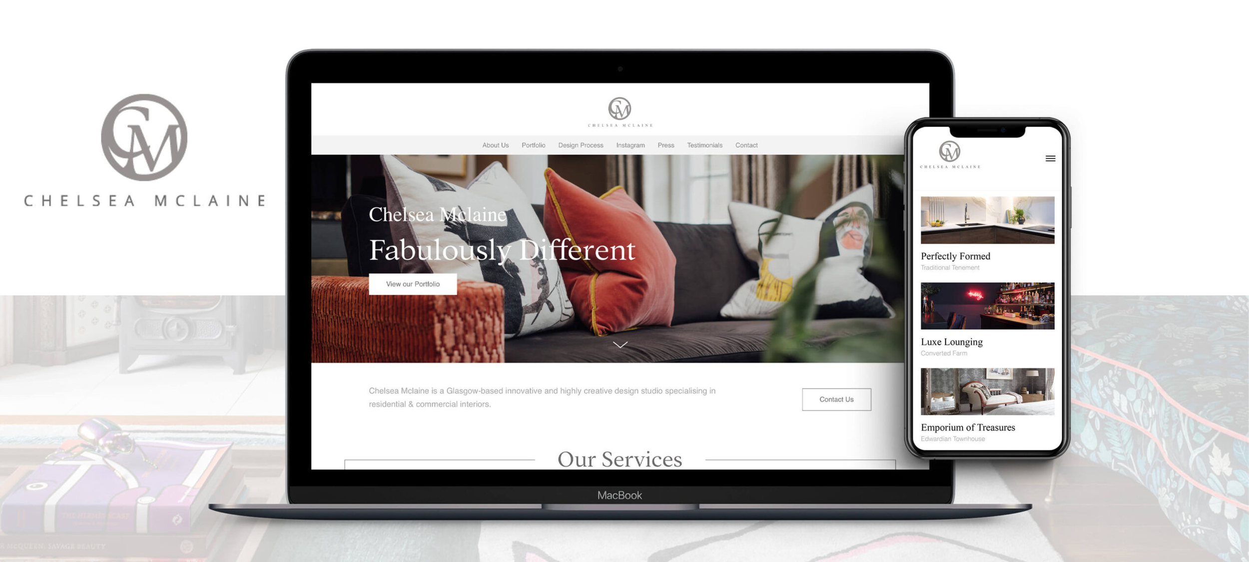 Desktop device mockup of the Chelsea Mclaine homepage