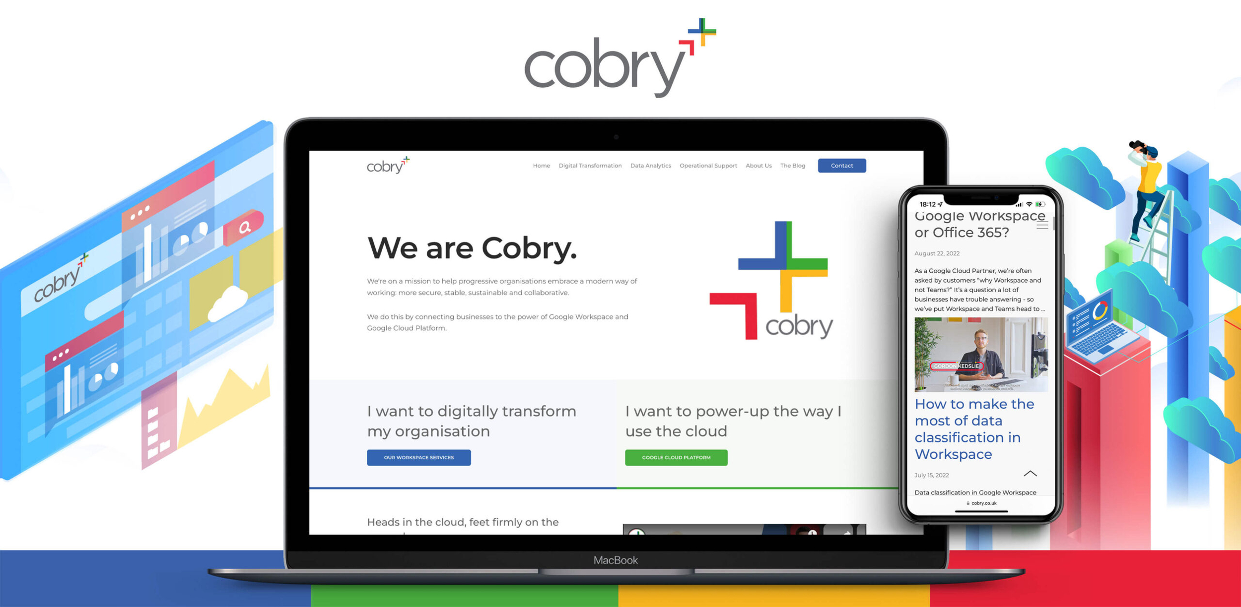 Cobry cloud technology website and blog displayed on laptop and smartphone with colourful isometric brand illustrations