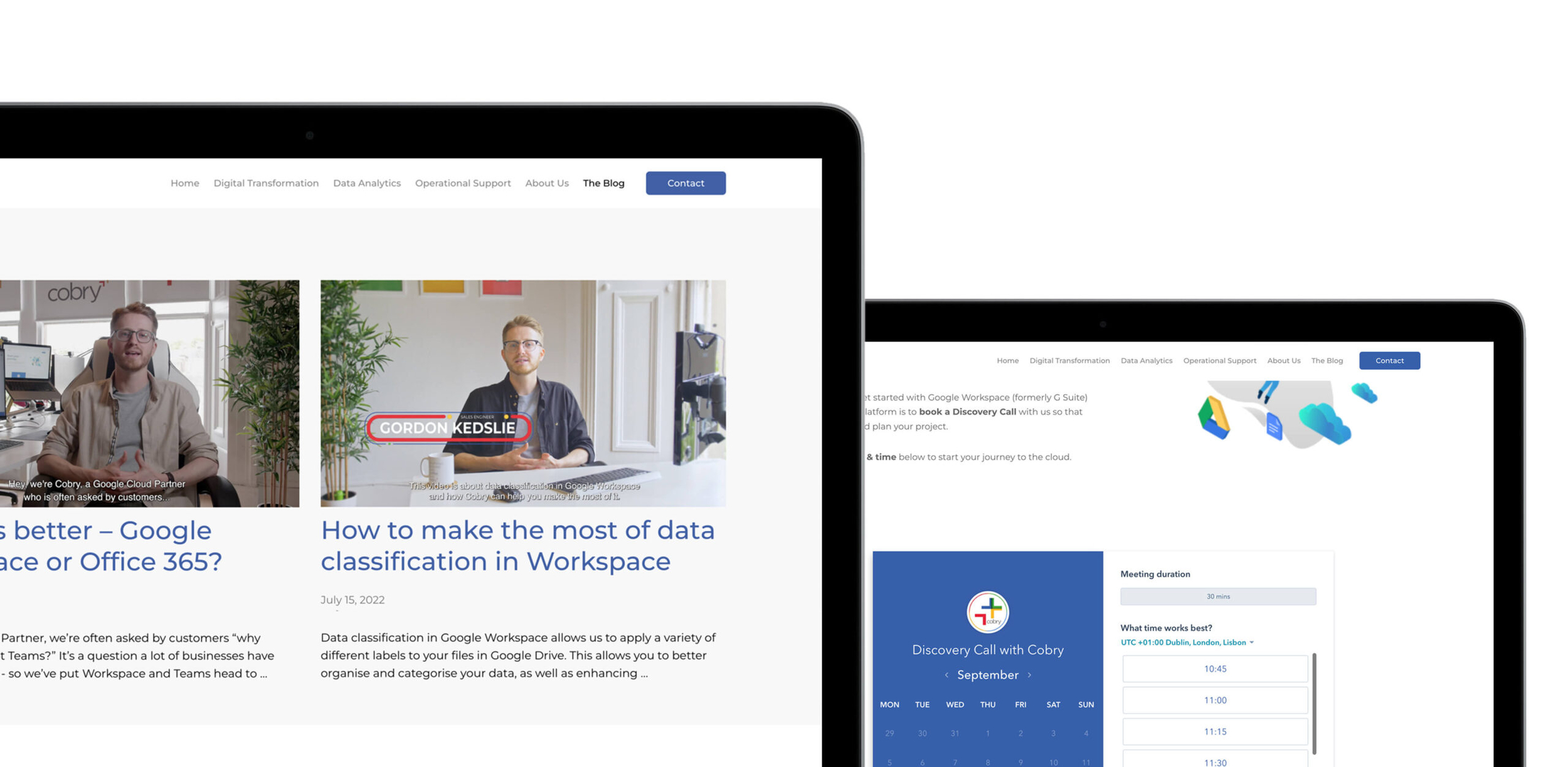 Cobry website blog and discovery call booking pages displayed on laptop and desktop screens