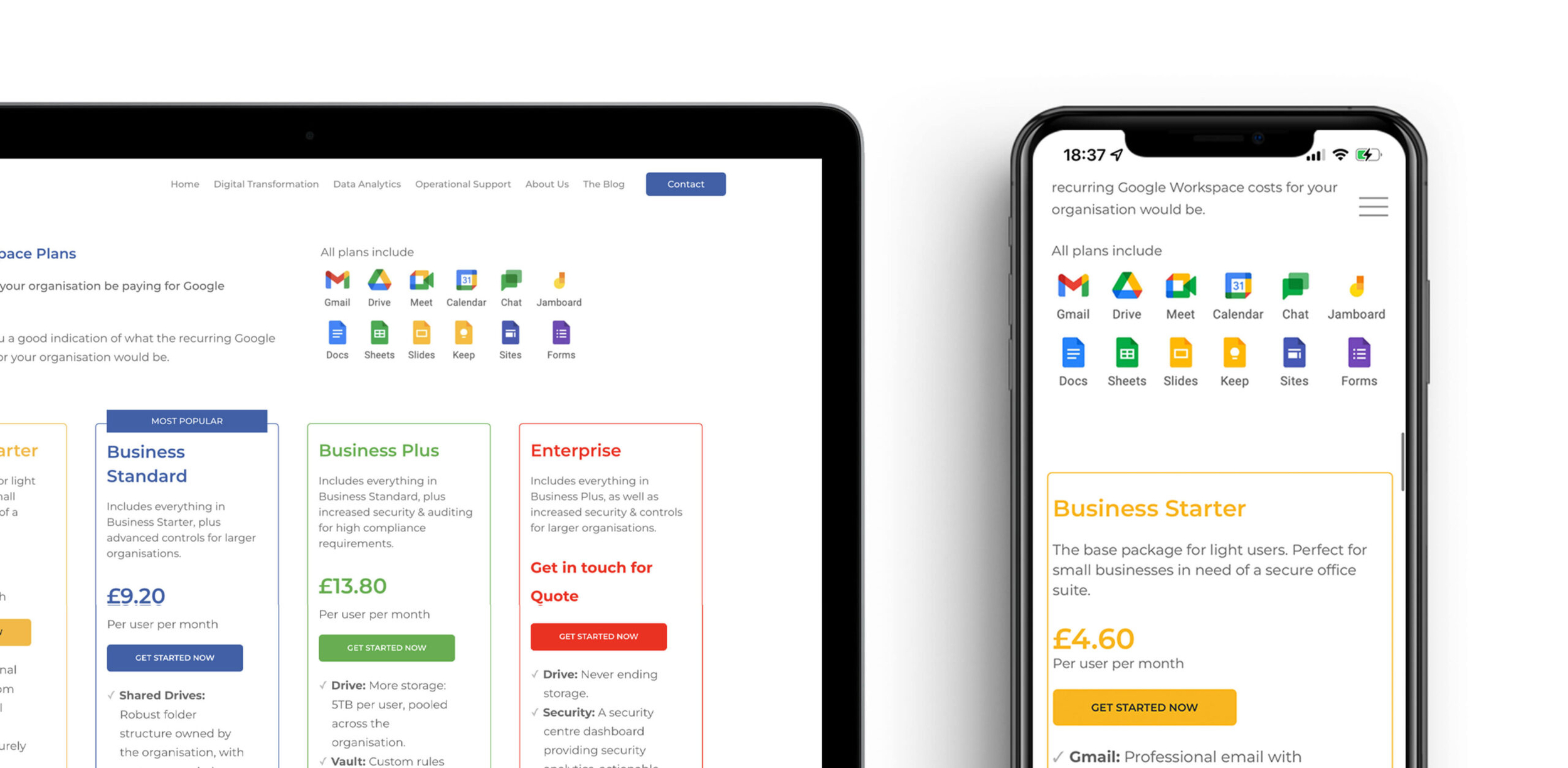 Cobry Google Workspace pricing page displayed on desktop and mobile devices showing subscription tiers