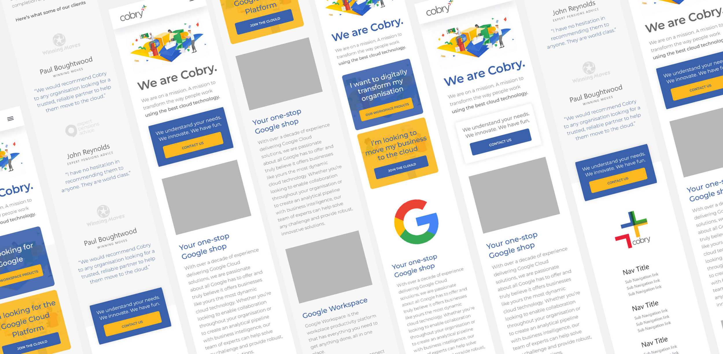 Cobry cloud technology website homepage variations showing Google Workspace and Cloud Platform landing pages with colourful isometric illustration on mobile