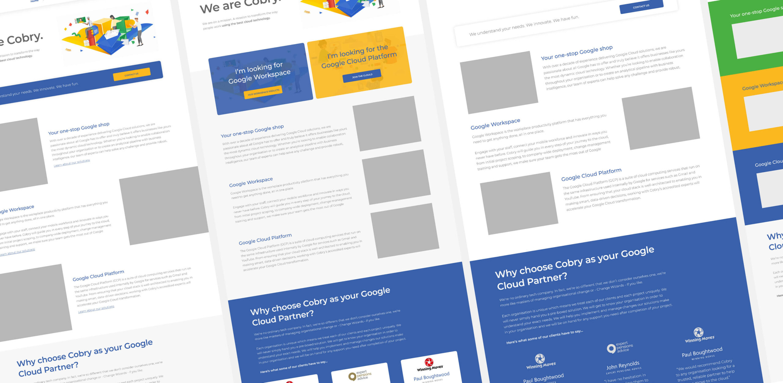Cobry cloud technology website homepage variations showing Google Workspace and Cloud Platform landing pages with colourful isometric illustration