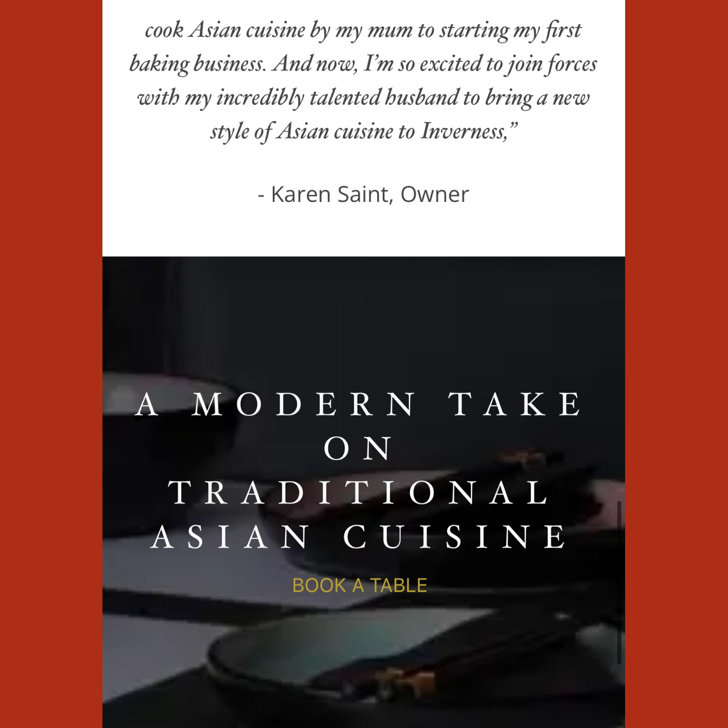 Hou Hou Mei restaurant website page featuring owner testimonial and modern Asian cuisine tagline with table booking call to action
