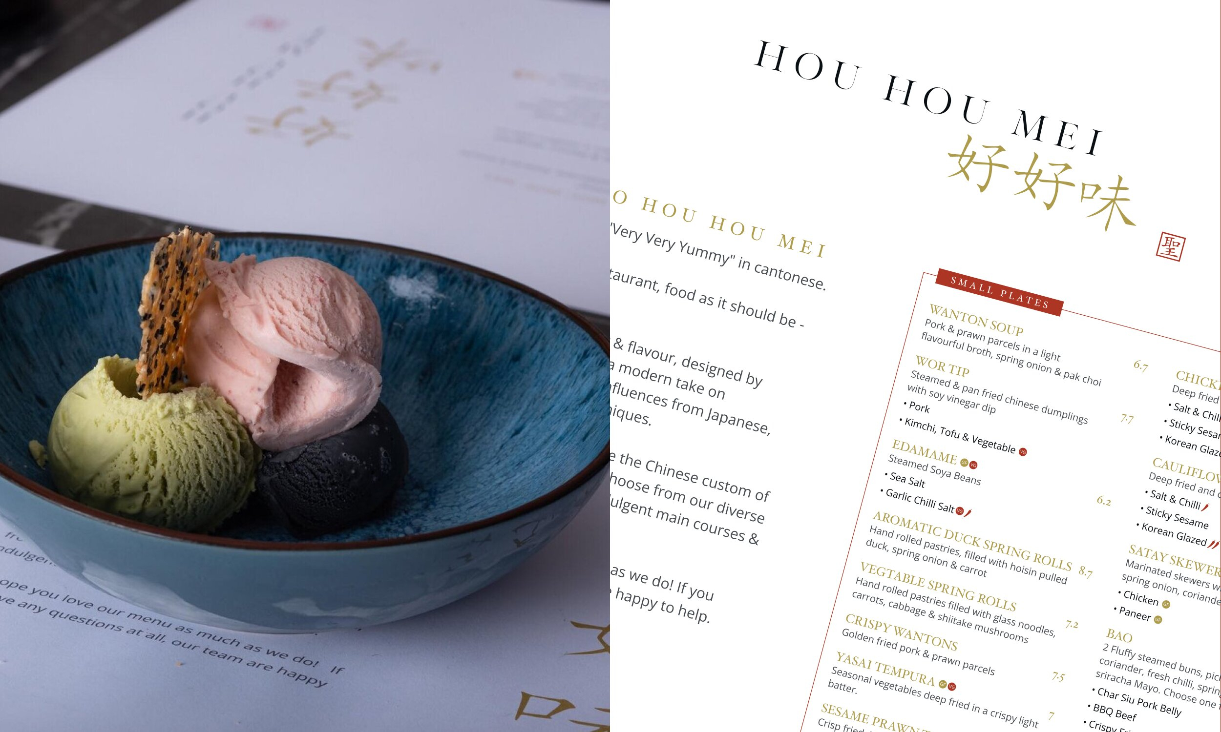 Hou Hou Mei restaurant branded menu materials with matcha and strawberry ice cream dessert