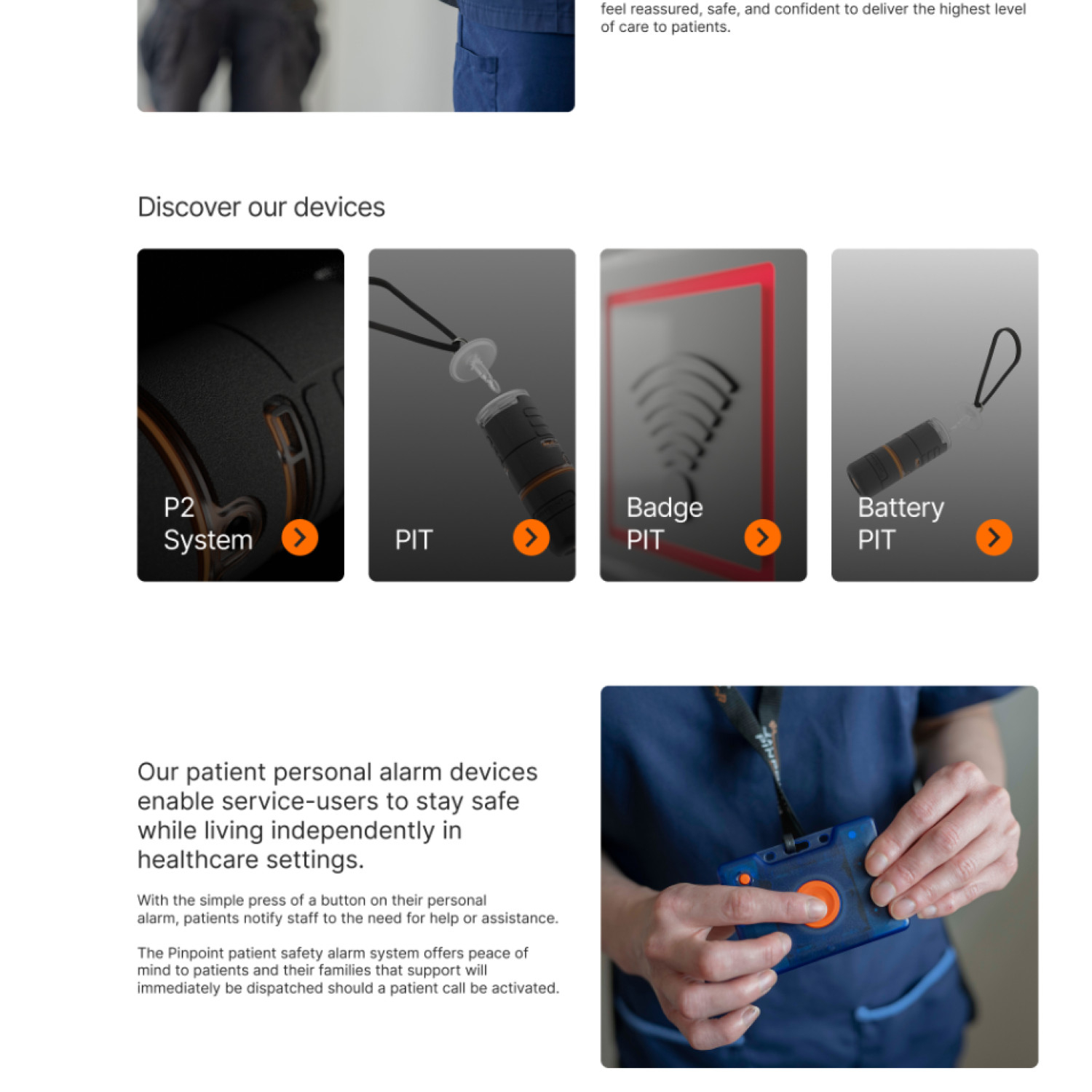 Pinpoint device portfolio cards and patient safety system information with P2 personal alarm product imagery