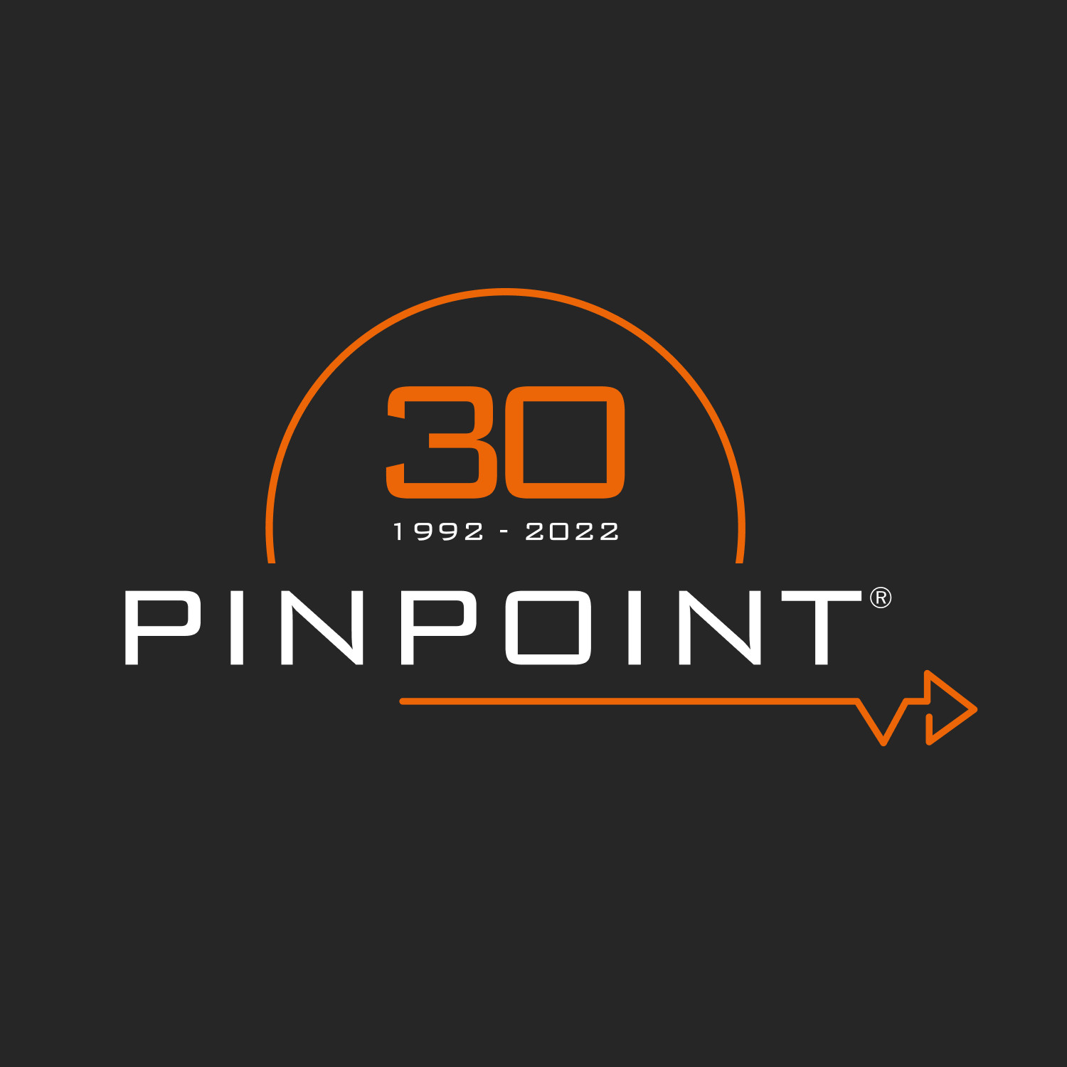 Pinpoint Ltd 30th anniversary logo with orange and white branding on dark background