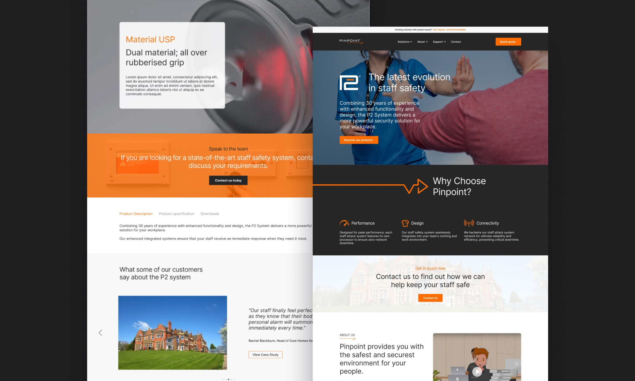 Pinpoint Ltd P2 system product page and homepage comparison showing features, testimonials, and calls to action