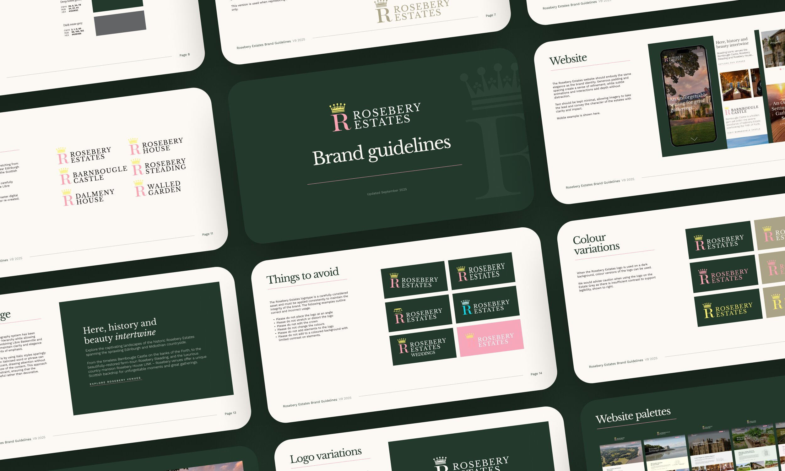 Rosebery Estates brand guidelines document pages showing logo variations, colour palettes, and brand application examples