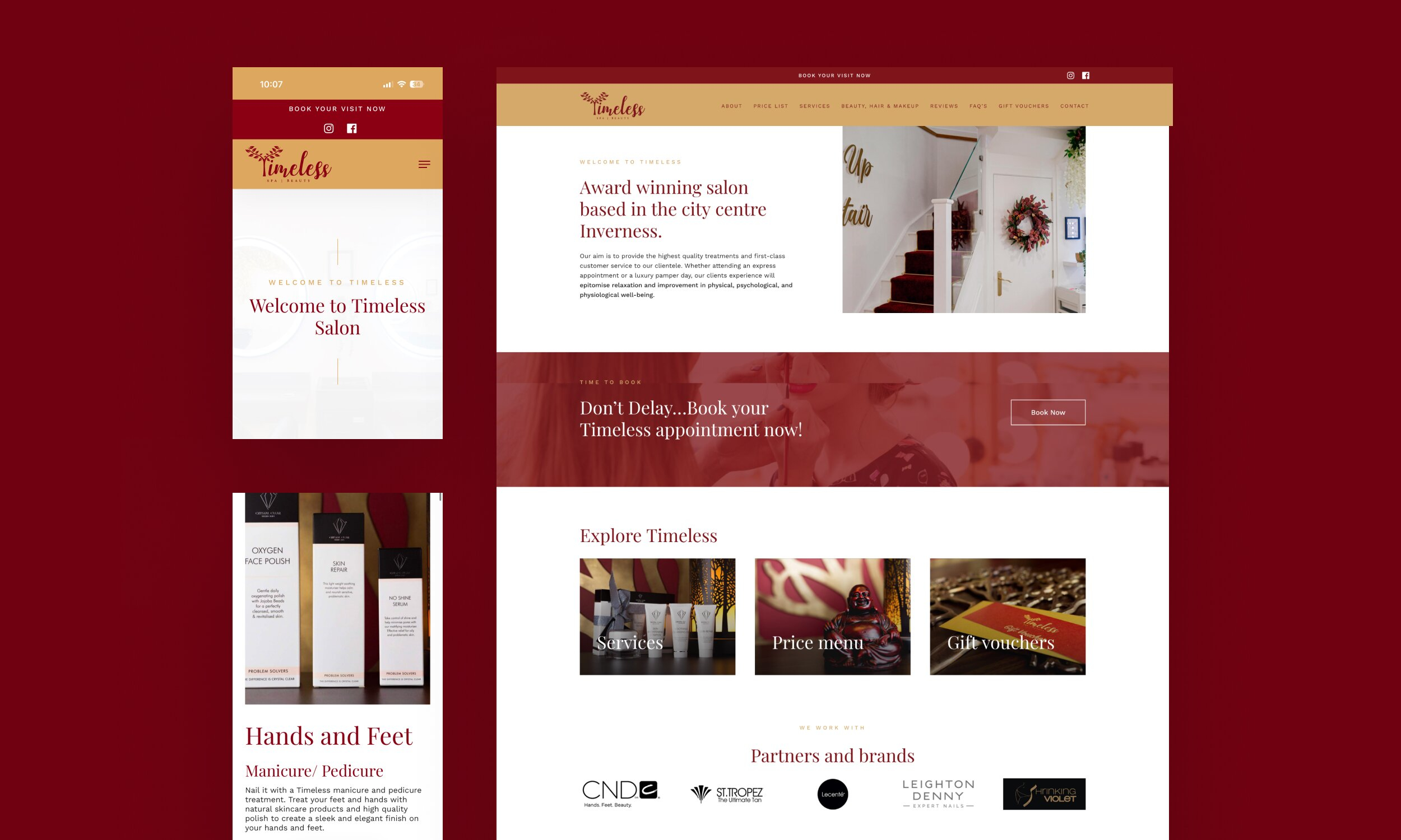 Timeless Salon website homepage displayed on mobile and desktop showing hero section, booking calls to action, and service navigation